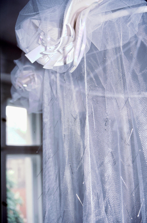 (2003, mixed media, pins, moquito net, leakage etc.)