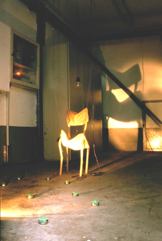 (2003, empty factory in Thuringia, mixed media, latex, egg timer, electric cable etc.)