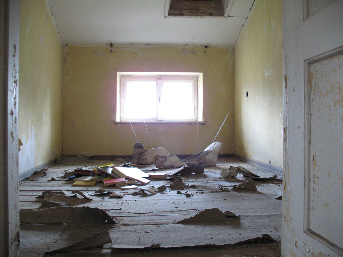 installation with remains of wall paper and carpet, obsolete history books (2007)