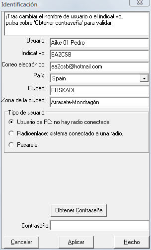 Formulario de FRN para rellenar sus datos,pulsar en obtener contraseña, la mandan en tres minutos por tu correo puesto en el programa, copiar y pegar. pulsar Hecho y ya entras, solo tendras que poner el Servidor: aike.no-ip.org Puerto:10024 Sala AIKE-ACRA