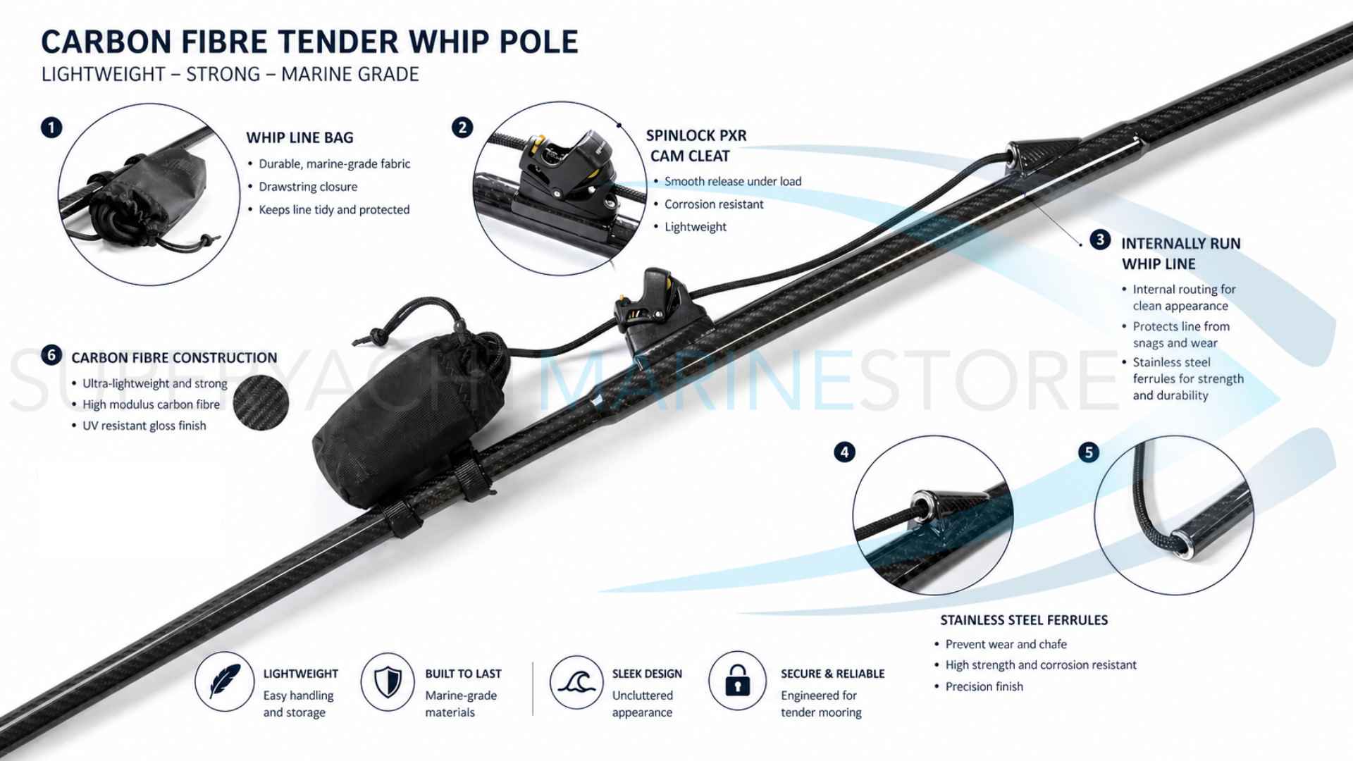 6m carbon tender mooring whip pole features