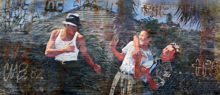 blood in blood out movie, bound by honour, vatos locos, adan hernandez, merchandise, chicano noir, cheech marin collection, carnalismo, artwork, poster, print, painting, drawing, estate of adan hernandez, legacy, paco, cruz, miklo