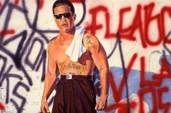 blood in blood out movie, bound by honour, vatos locos, adan hernandez, merchandise, chicano noir, cheech marin collection, carnalismo, artwork, poster, print, painting, drawing, estate of adan hernandez, legacy, paco, cruz, miklo
