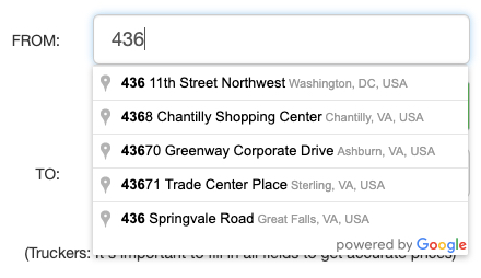 Tollsmart Truck Tolls Calculator uses Google Maps autocomplete