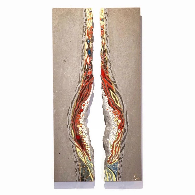 Tableau triptyque faille organique et minérale en lave émaillée de Volvic et touches d'or 72X40cm