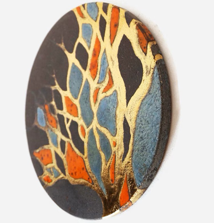 Tableau rond arborescence vitrail en lave émaillée de Volvic ramure d'or 28 cm
