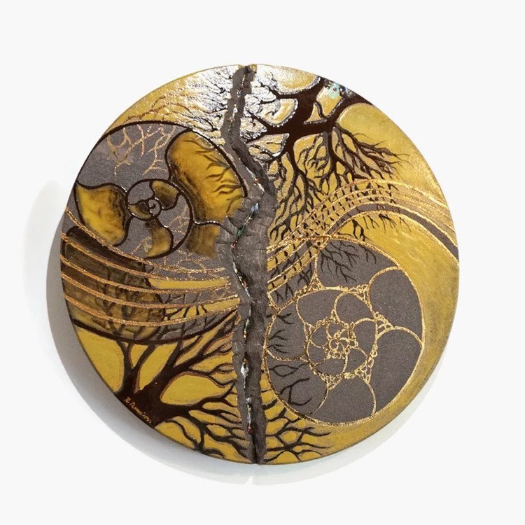 Grand tableau "vibrations - Solve et coagula", tons verts en lave émaillée touches d'or et bronze 60cm