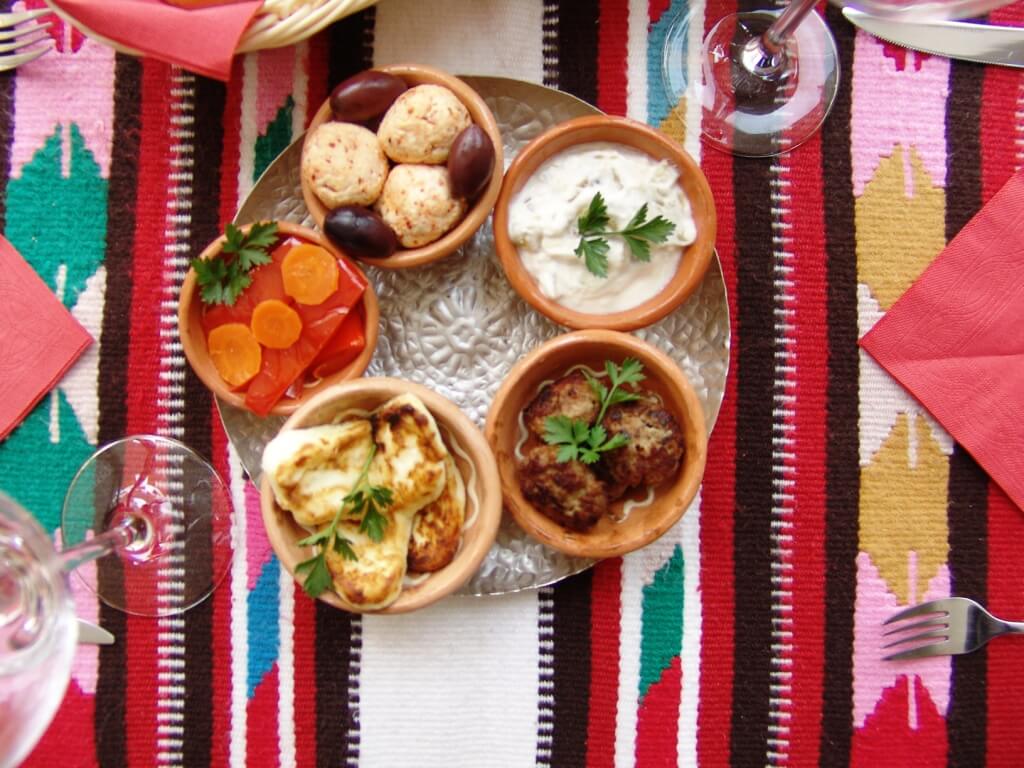 Our selection of meze as a starter for two or as a main dish for one, all week