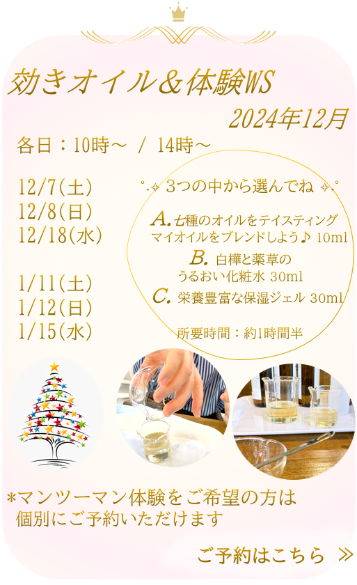これから乾燥の季節ですが、みなさまも身体のこと、食べ物のこと、自然界のこと、スキンケアを通していい調子♪を保ってくださいね。12月は、自分が求めているオイルを見つけるWS－効きオイルをします。七種のオイルを実際に試していただけますよ。ホホバオイル、キャスターオイル、米胚芽オイル、アルガンオイル、スクワラン、などなど。伊勢市で精油と植物オイルを使ったWS。