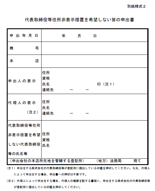 代表取締役等住所非表示措置を希望しない旨の申出書