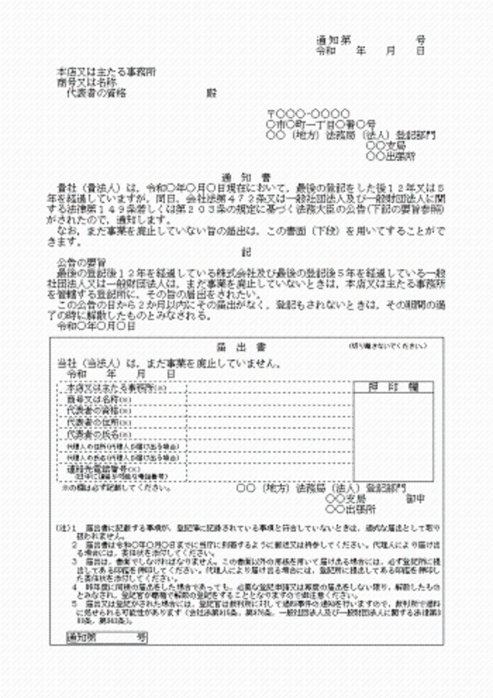 事業を廃止していないなら届出せよとの通知（画像は法務省ＨＰより）