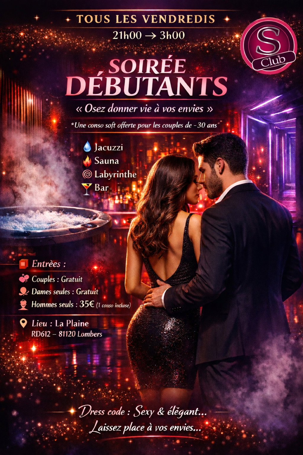 Entrée GRATUITE PERMANENTE pour les travestis,les transgenres, les dames et les couples... hommes seuls acceptés si élégants et respectueux des valeurs libertines de notre établissement... chemise obligatoire pour les hommes et robes ou jupe sexy pour les dames