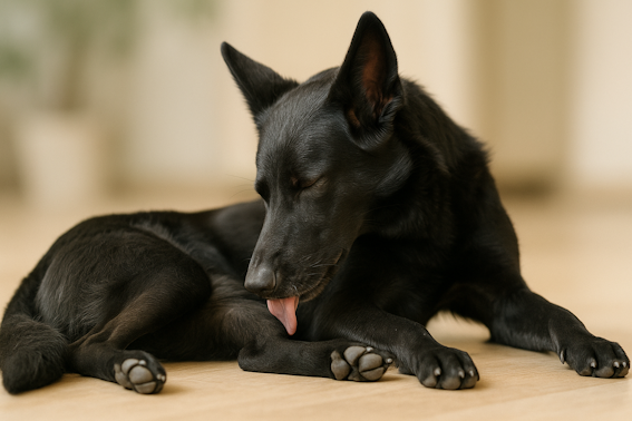 Hund mit Arthrose, der sich die schmerzenden Gelenke leckt, braucht Physiotherapie