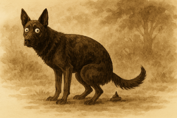 Humorvolle Sepia-Aquarell-Darstellung eines schwarzen Schäferhundes beim Koten. Die Illustration veranschaulicht die typische Schwanzhaltung und dient als Symbolbild für Beckenboden, Stress und Analdrüsenprobleme beim Hund.