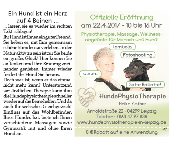 Hundephysiotherapie Heike Amthor  Im Leipziger Amtsblatt am 8.4.2017