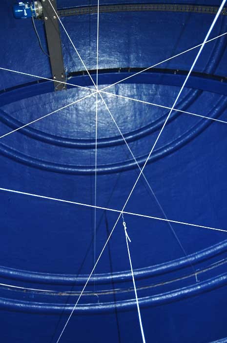 The intersection of strings stretched across several diameters locates the dome's center of curvature. The two lower diameters mark the center of the observatory crown.