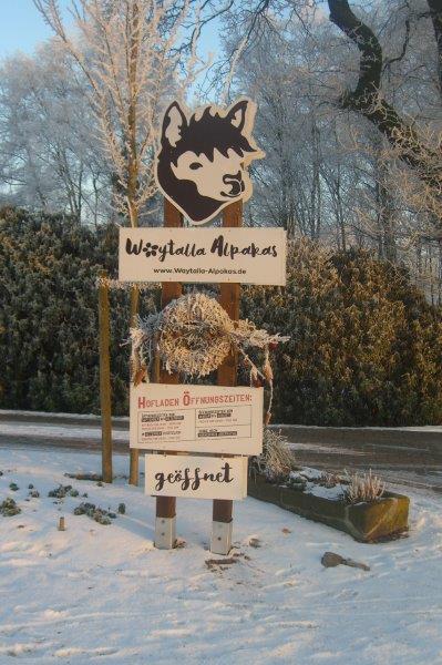 Wegweiser und Schild von Waytalla Alpakas an der Straße im Winter