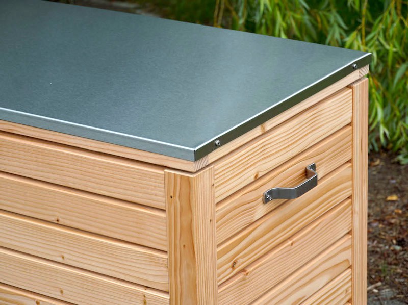 Auflagenbox / Kissenbox Holz mit Edelstahl - Deckel, Oberfläche: Natur Geölt