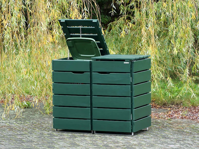 2er Mülltonnenbox / Mülltonnenverkleidung Holz, Oberfläche: Tannengrün (RAL 6009)
