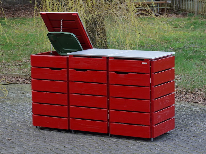 3er Mülltonnenbox / Mülltonnenverkleidung 240 L mit Edelstahl - Deckel, Oberfläche: Nordisch Rot (RAL 3011)