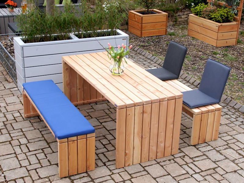 Gartenmöbel Set 1, Tischgröße: 180 x 100 cm, Oberfläche: Natur Geölt, mit Polster & Sitzschalen / Rückenlehne