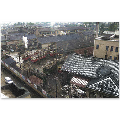 1967（昭和42）年2月、金沢市小将町の金沢市内電車車庫