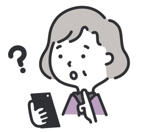 スマートフォンを手に悩む中年女性のイラスト