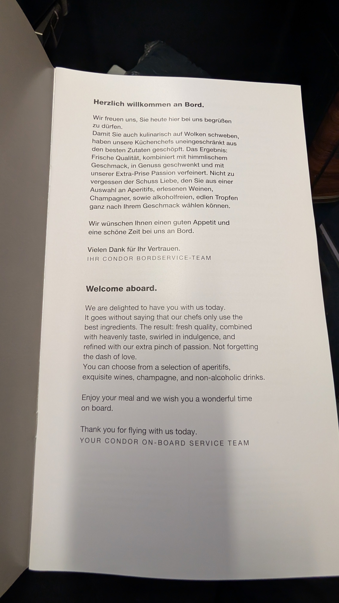 Condor Business Class: Menükarte - Einleitung
