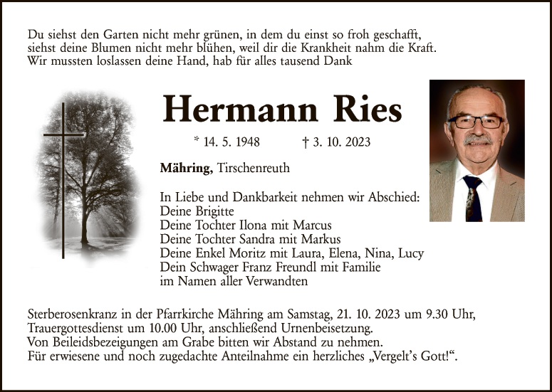 Stiftlandgau trauert um Ehrenmitglied Hermann Ries