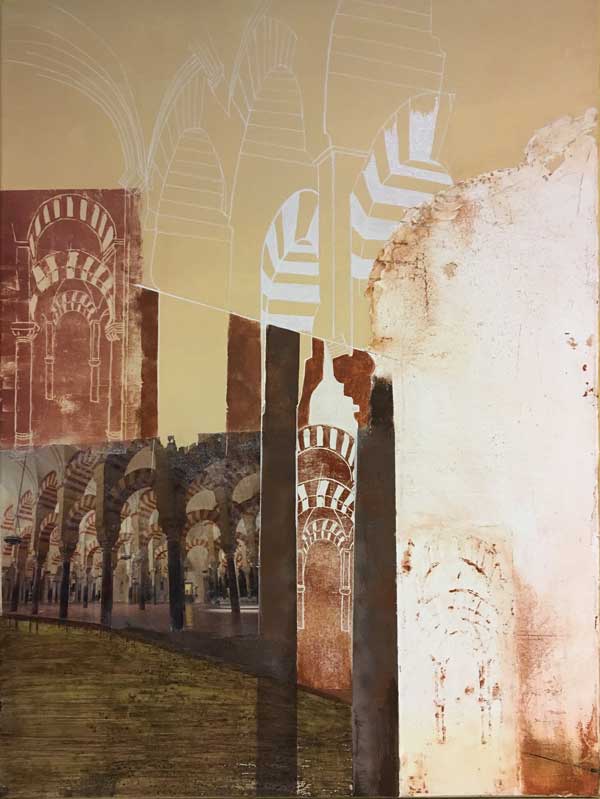 Mesquita Cordoba   ...Mixed Media auf Leinwand, Zeichnung, Fototransfer, Linoldrucke, Collage, Sumpfkalk   ...    60 x 80 cm