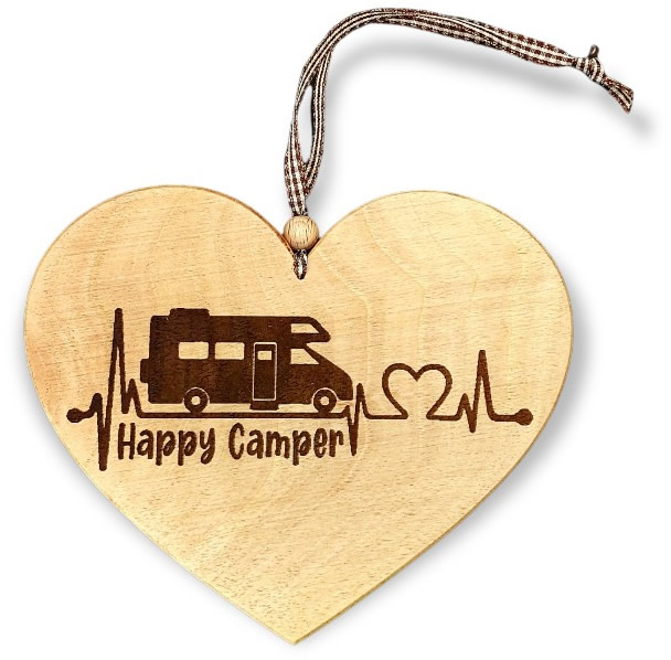 Happy Camper Wohnmobil Motiv auf Holzherz als Camper Geschenk