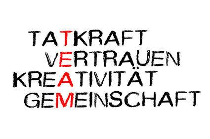 Das Wort TEAM erscheint in roten Buchstaben und verbindet die schwarzgeschriebenen Worte: Tatkraft, Vertrauen, Kreativität, Gemeinschaft.