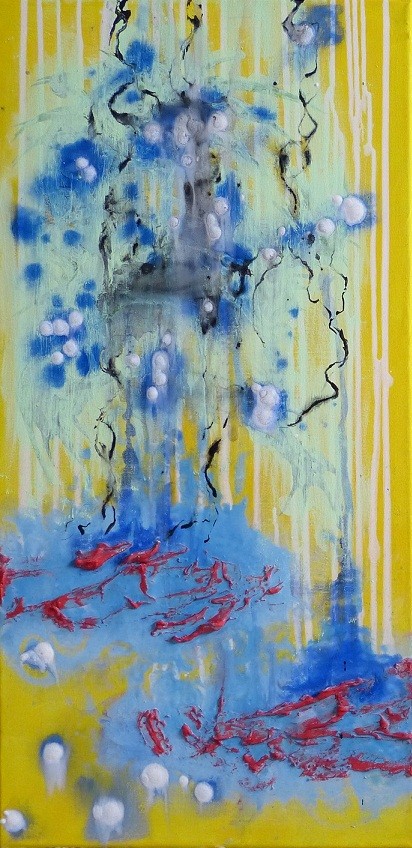 WEISSE ENGELS UM DEN BLUEBAUM - 40 x 80cm Acrylfarbe, Strukturpaste, Leinwand, Schlussfirnis  100.00 €