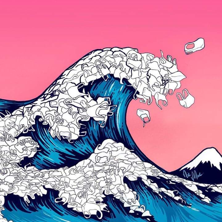 Une caricature de la célèbre esquisse du Japonais Hokusai pour dénoncer la masse de déchets de plastique dans les mers et océans
