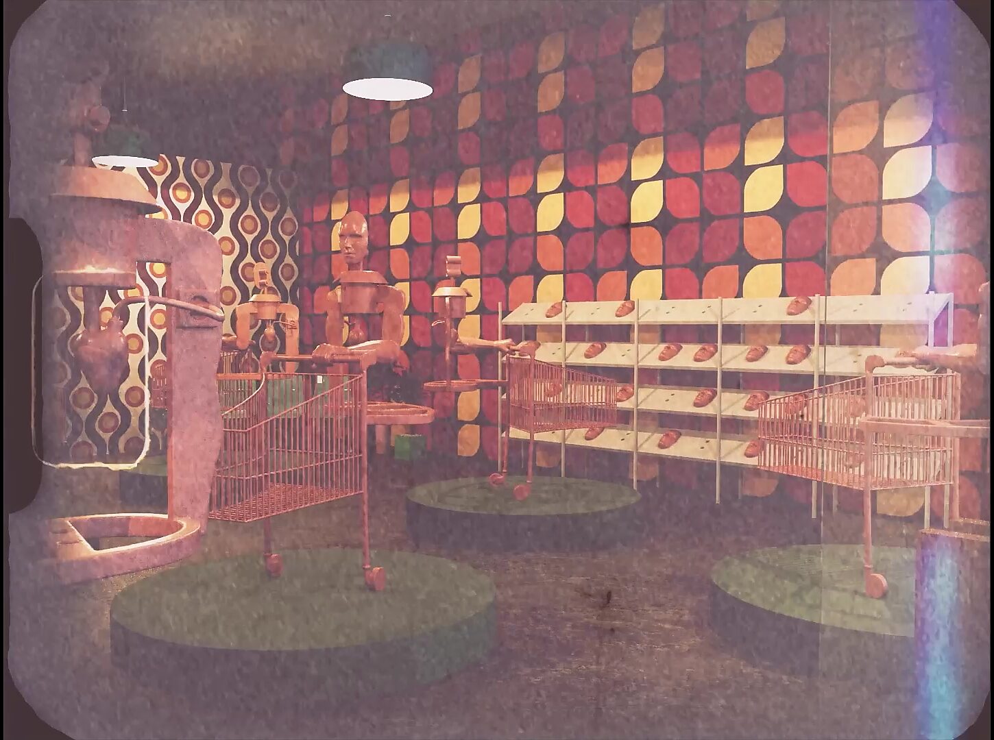 Videostill from a digital 3D animation showing multiple vintage cyborg shopping carts placed on circular platforms within a retro retail interior featuring geometric 1960s wallpaper.