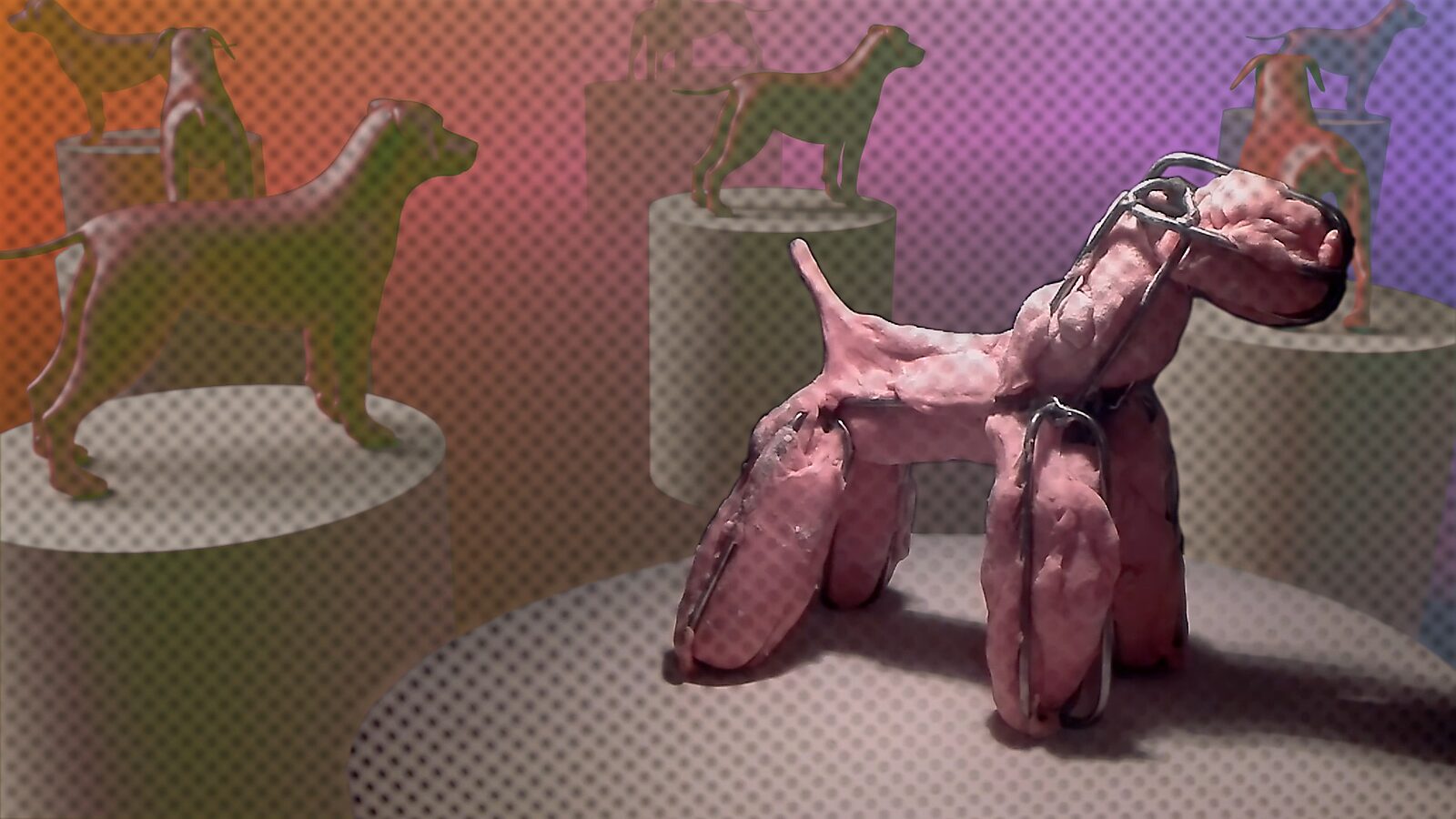 Strange Dog at the Dog Show — videostill from a mixed video and 3D animation in which a distorted pink dog-like sculpture stands on a podium, surrounded by silhouettes of dogs on pedestals against a colorful background.