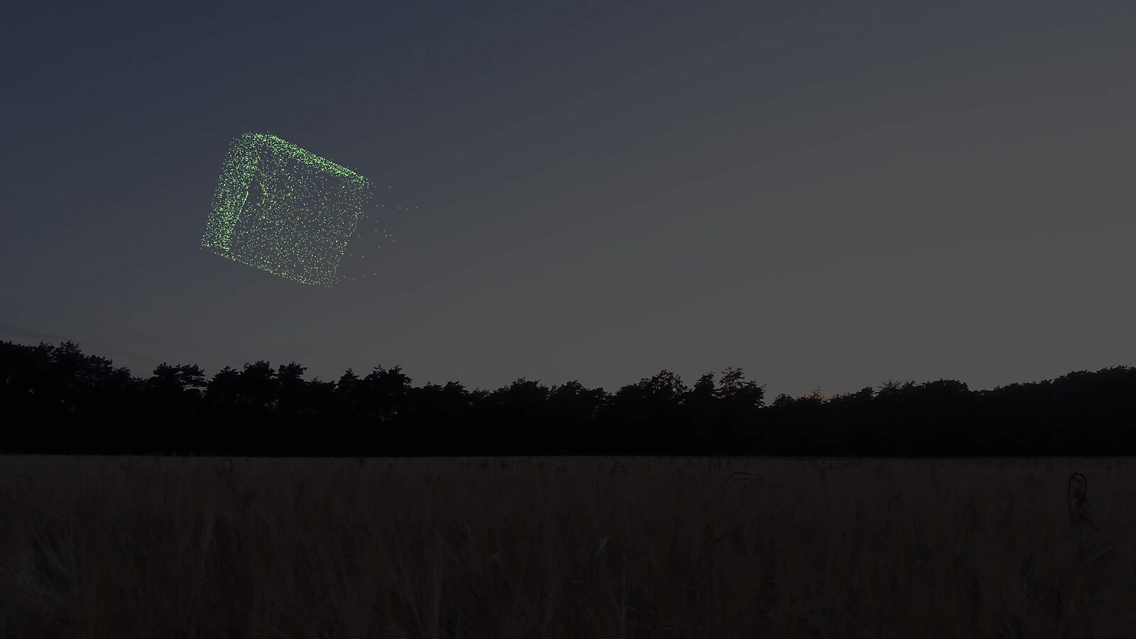 Virtuele transformatie — Vuurvliegjes in formatie: videostill uit een 3D-animatie; de lichtpuntjes condenseren tot een geometrische, kubusachtige vorm die zweeft boven de horizon, als een tijdelijke ordening in het duister.
