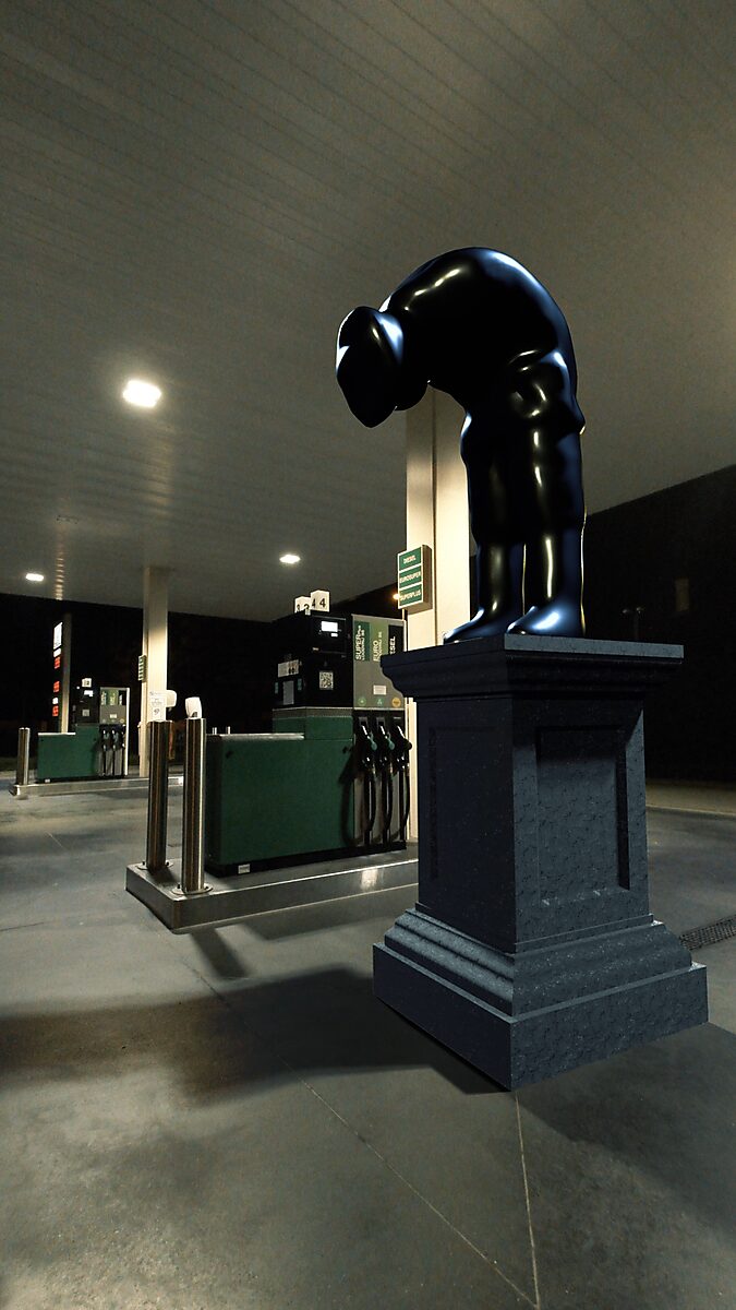 The Bending Monument — The Gas Station, 3D animation videostill: near the fuel pumps of a gas station the glossy black human monument on the pedestal bends forward in an initial bowing movement.