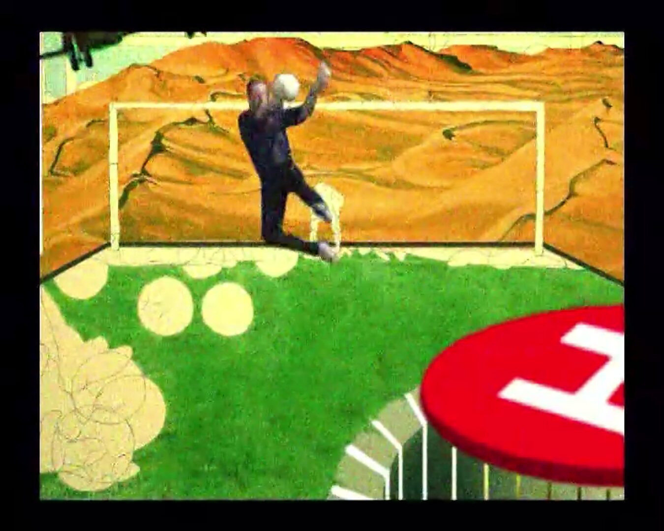 Levend canvas — De luxe van vervangbare doelmannen — videostill waarin de doelman een bal opvangt voor het doel tegen het achtergrondlandschap van de schildering.