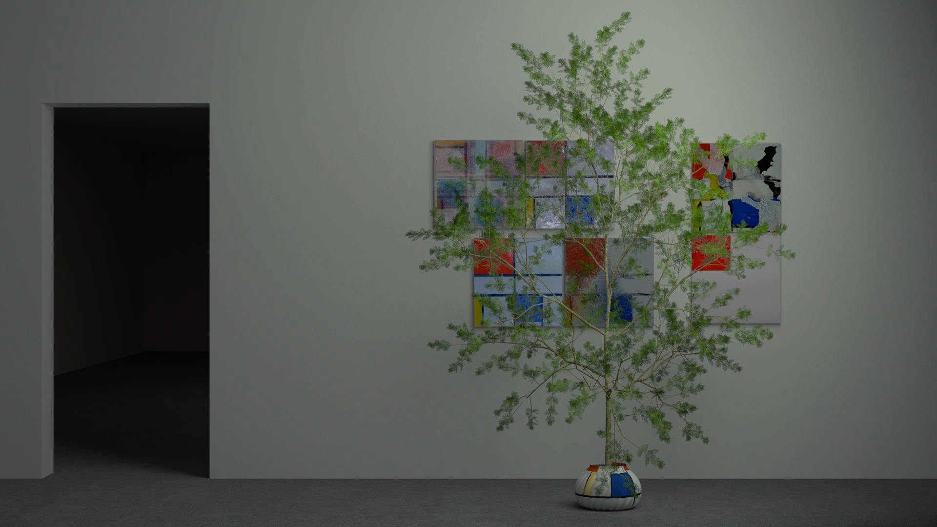 Exhibition concept Back to Nature with Piet Mondrian No. 1 — overview of an exhibition space with a small tree in a painted pot placed in front of a wall with paintings and flatscreens showing the melting process of the works.