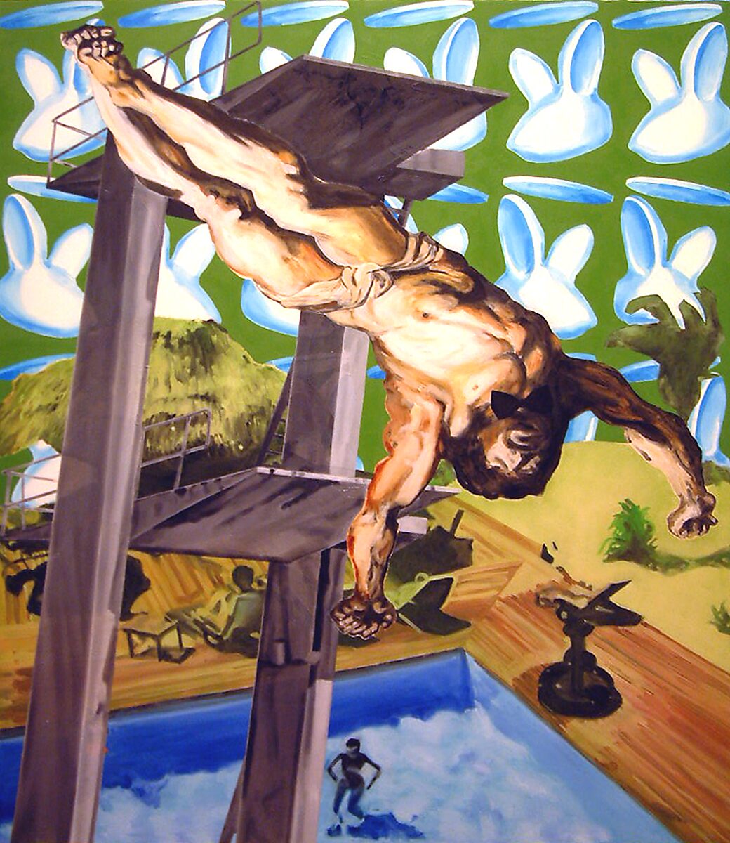 Informatie-overvloed, A Divine Dive — een gespierde figuur gebaseerd op Christus uit een schilderij van Rubens duikt van een hoge springplank richting een zwembad; op de achtergrond verschijnen herhalende konijnvormen tegen een groen veld en fragmenten va
