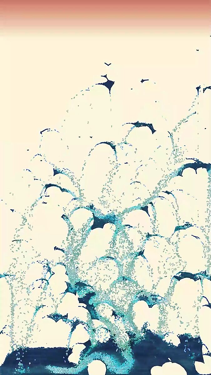 Virtual Transformation — Fluid Patterns: video still from a 3D animation; the particles burst into a complex pattern of undulating forms, where repetition and variation converge into a Hokusai-like energy.