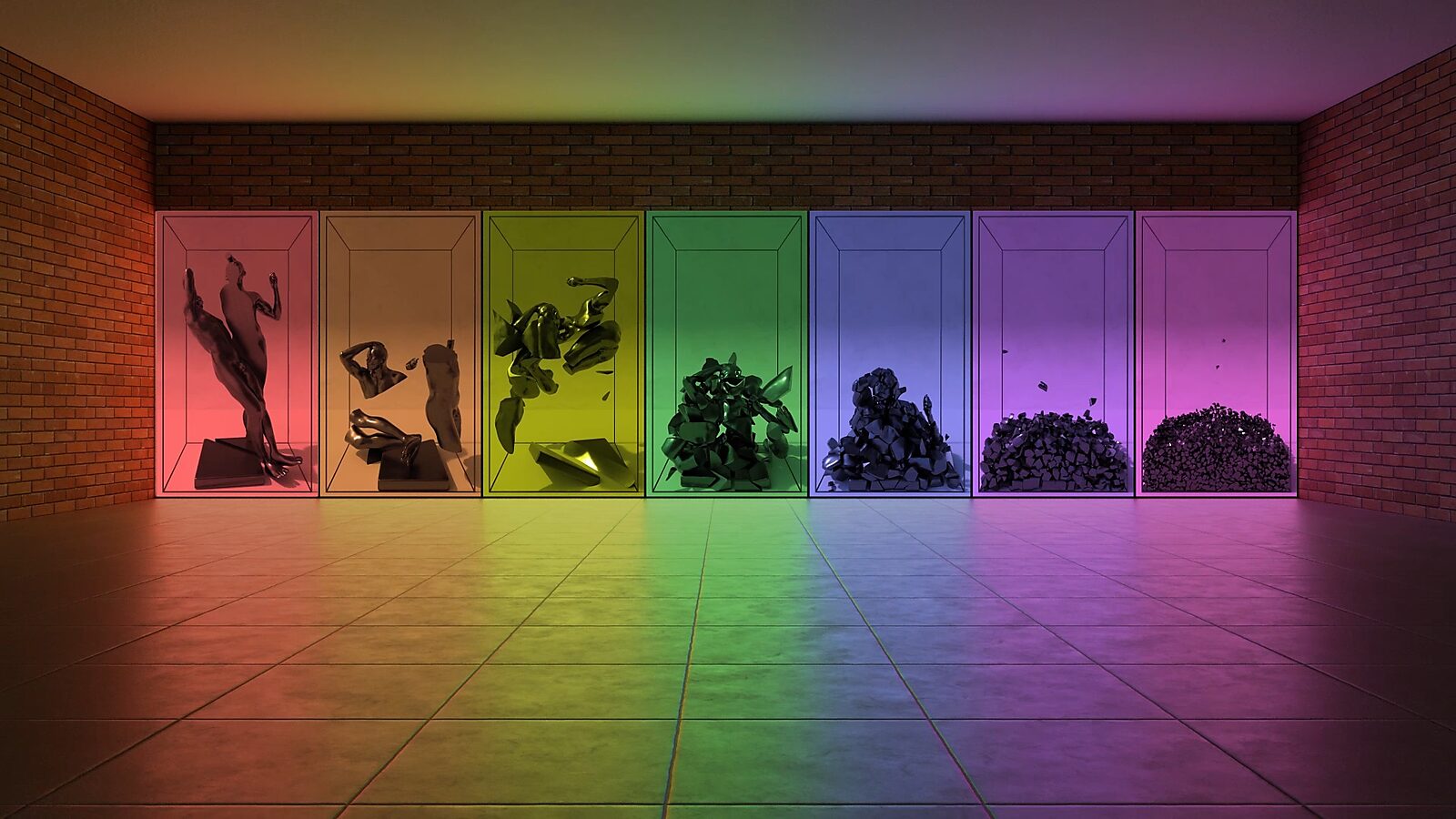 Broken Volume — videostill of a 3D animated exhibition concept in which the sculpture evolves from left to right from form to broken pieces and finally to a pile of small fragments.