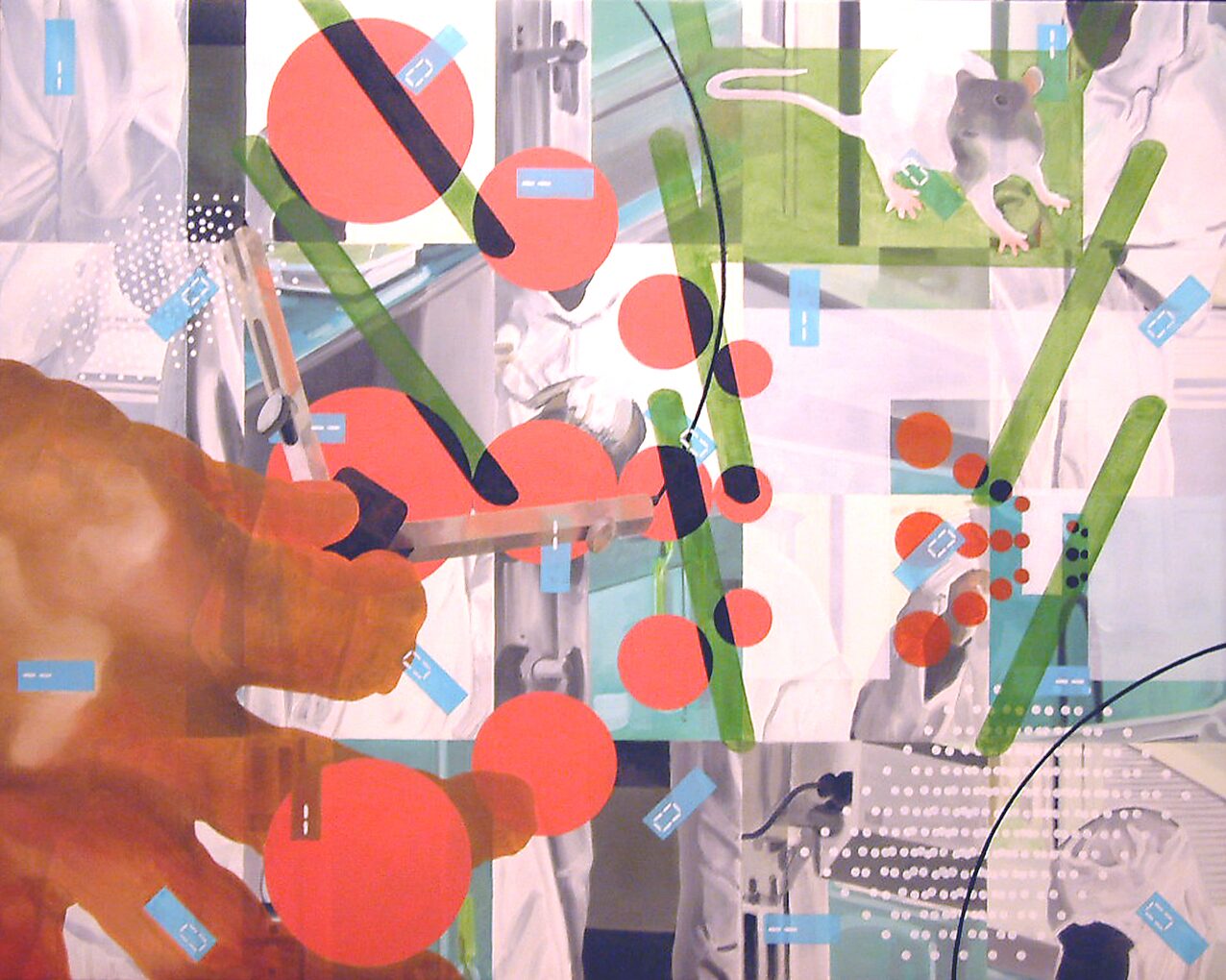 Information Overload, Everything is Calculated — a hand holding scissors appears in an interior with windows and electrical devices; transparent layers of red circles, green bars, dots and graphic symbols overlap like a visual system of measurements and c
