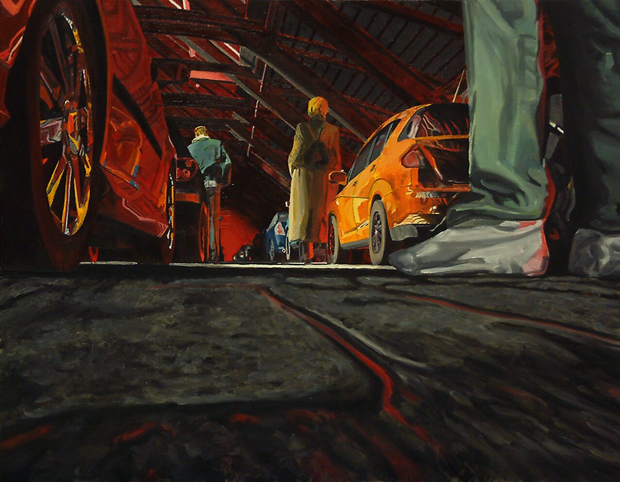 The Modern Cavemen — Indoor trafficjam: mouse view — low ground-level perspective between wheels and shoes; asphalt and rails dominate the foreground, giving the traffic jam a monumental and oppressive scale from an almost animal viewpoint.