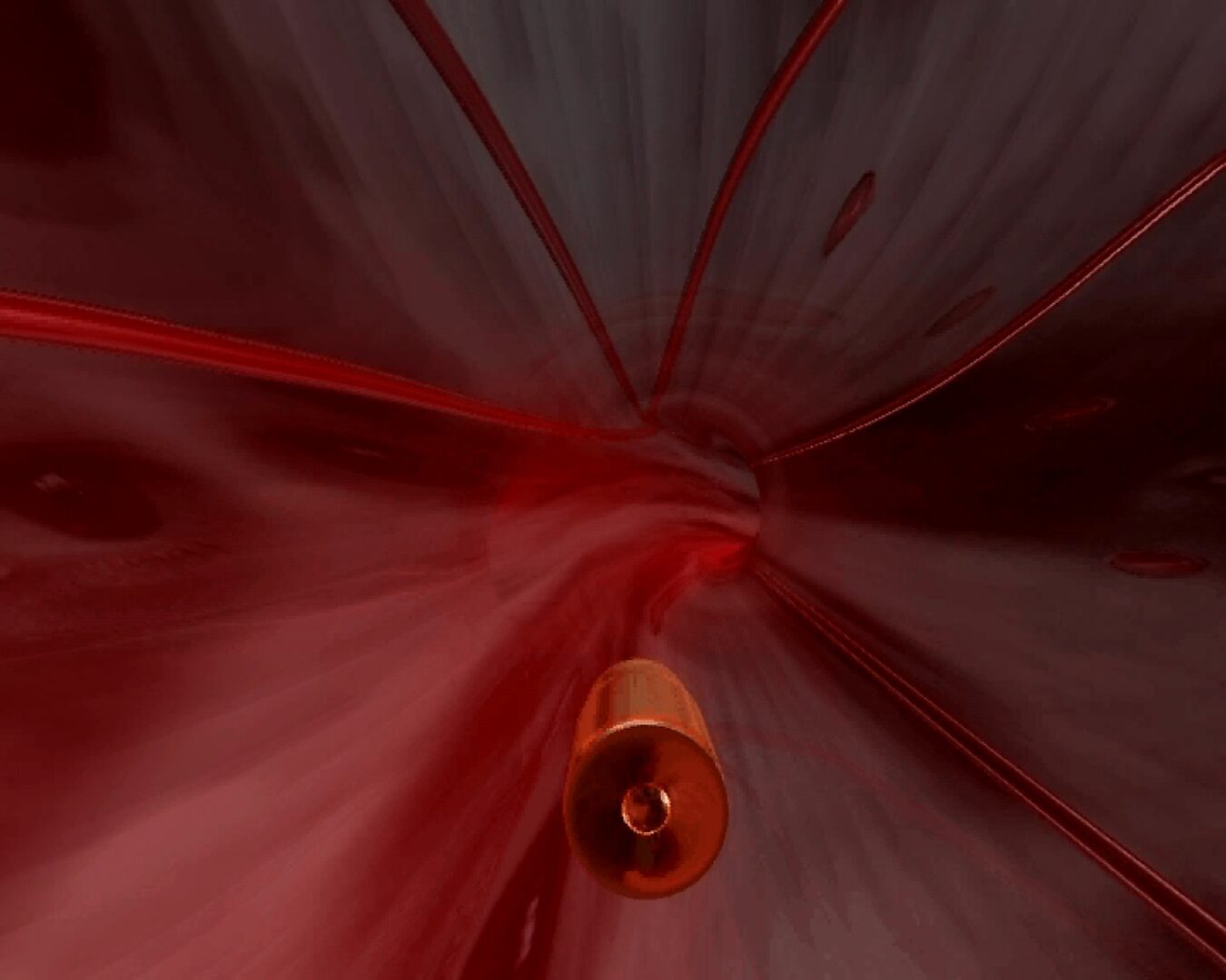Virtuele transformatie — De weg van de kogel — videostill van een 3D animatie waarin de kogel zich voortbeweegt door een dichte, pulserende rode ruimte.