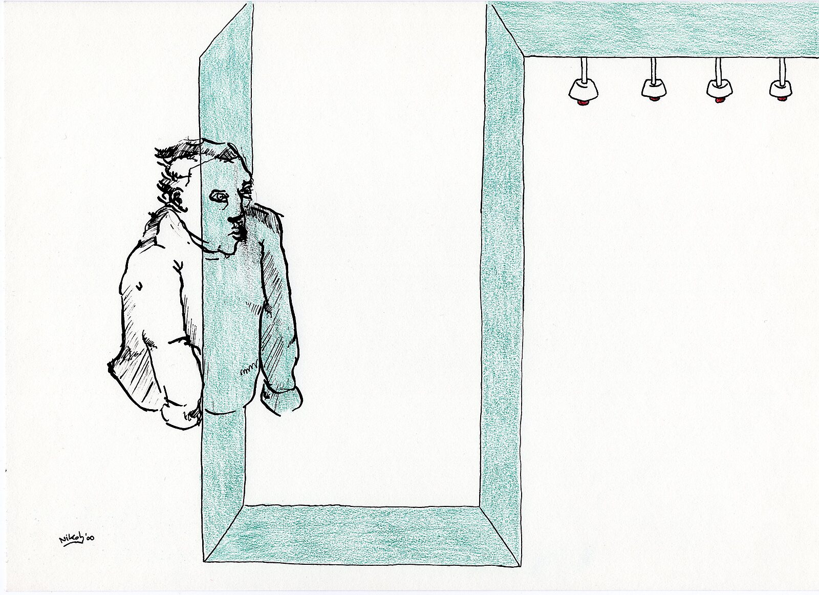 Drawings — Year 2000 — drawing of a figure partially seated behind a rectangular space; above hang four small lamps with red light points.