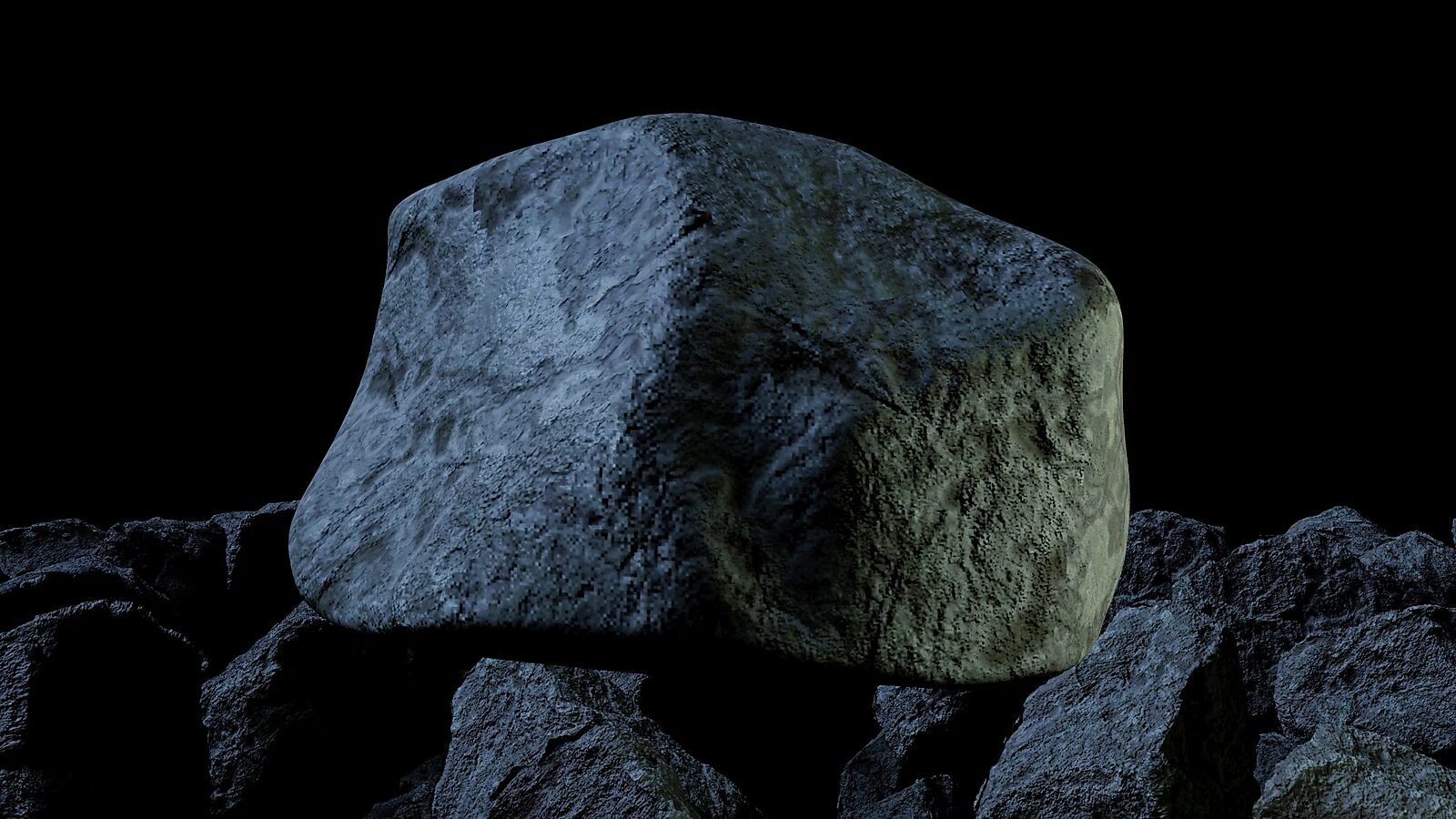 Rocky’s transformatie — videostill uit een 3D-animatie van een grote rots die langzaam van vorm verandert terwijl hij rust op een landschap van donkere stenen.
