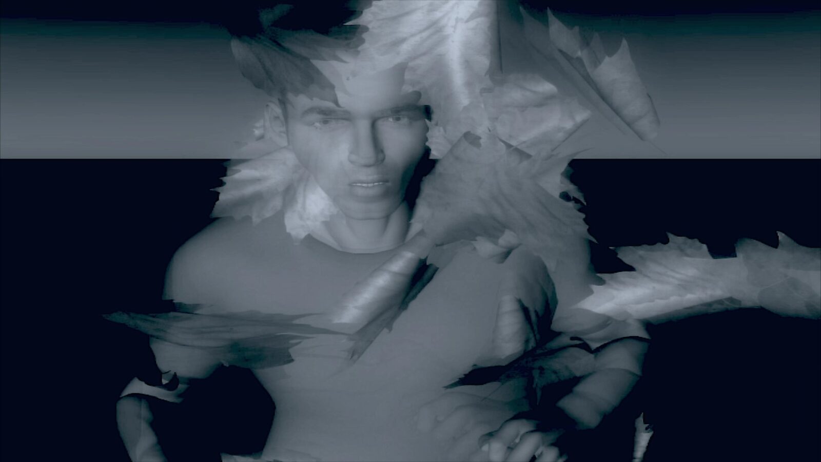 Virtual Transformation — The Runner — video still of a 3D animation showing a body in motion, surrounded by leaves drifting through space.