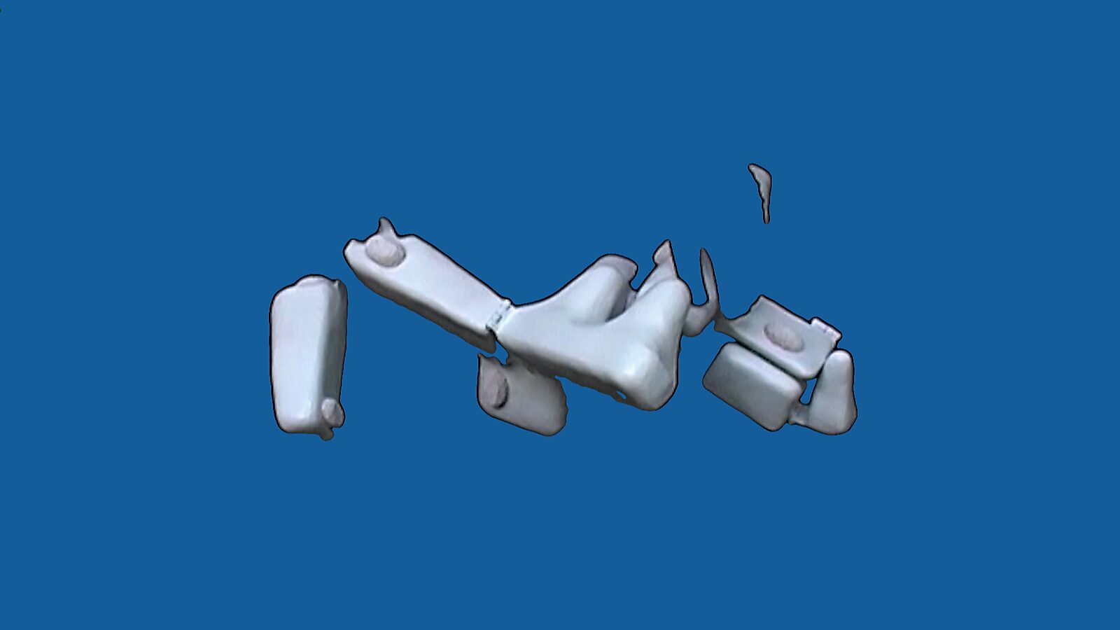 Reflections in Motion — videostill video work: a white abstract figure floats fragmented against a flat blue background, with parts appearing to detach from each other.